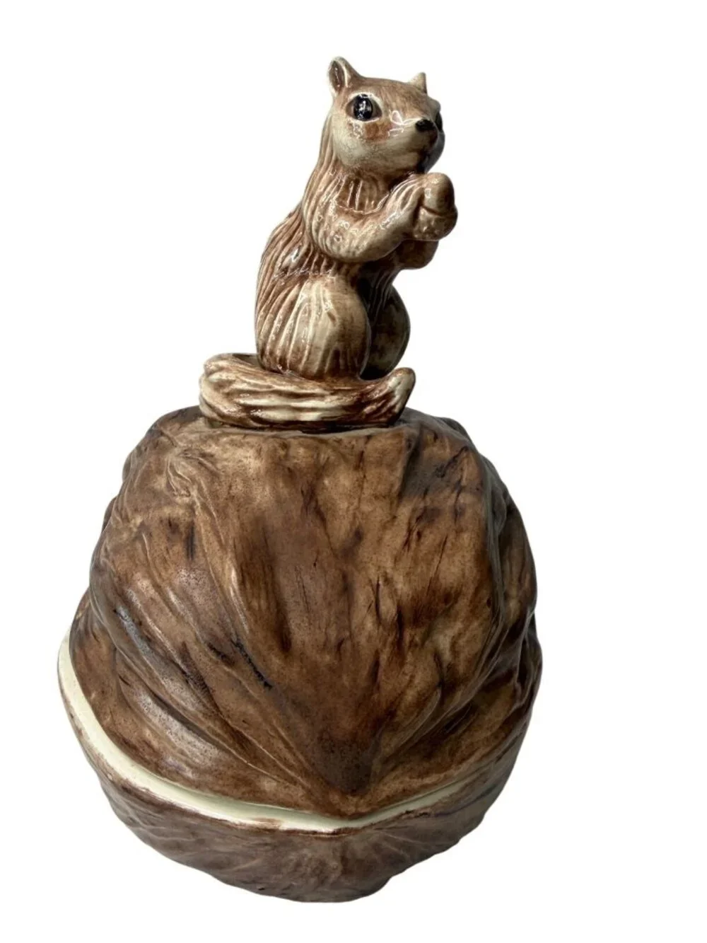 Vintage Ceramic Squirrel on Walnut Lidded Dish - Mid-Century Candy Bowl, Woodlan